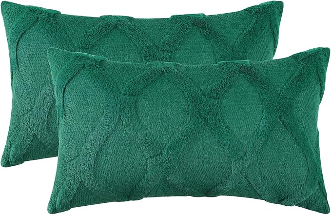 decorUhome Spring Throw Pillow Covers 12x20 Inch Set of 2, Soft Plush Faux Fur Wool Lumbar Green Accent Couch Pillow Covers for Modern Farmhouse Bed Sofa Living Room