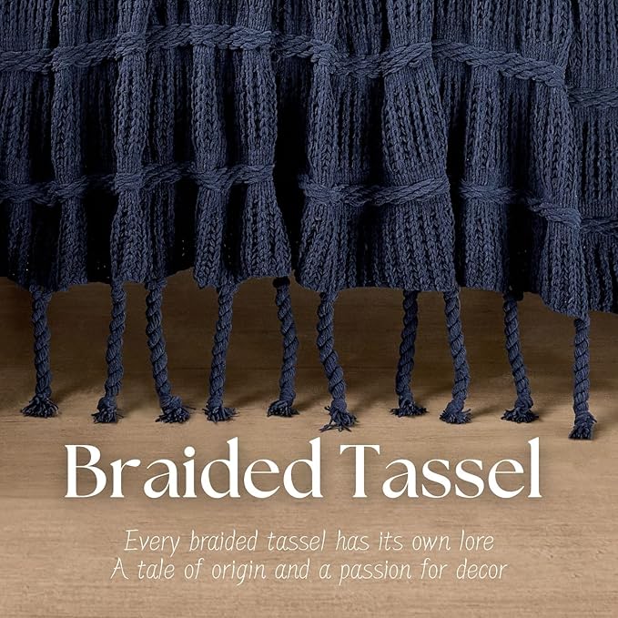 Boho Knitted Chenille Blanket with Tassels - Lightweight & Soft All-Season Throw - 3D Classic Pattern for Living Room Bedroom Couch, Royal Blue, Twin 60"x80"