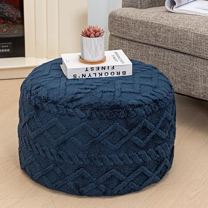 Unstuffed Pouf Ottoman Cover Handmade Footstool Ottoman Storage Solution Floor Pouf Footrest Cushion 20Diameter x12Height Inches for Living Room Wedding Bedroom Navy Blue No Filler