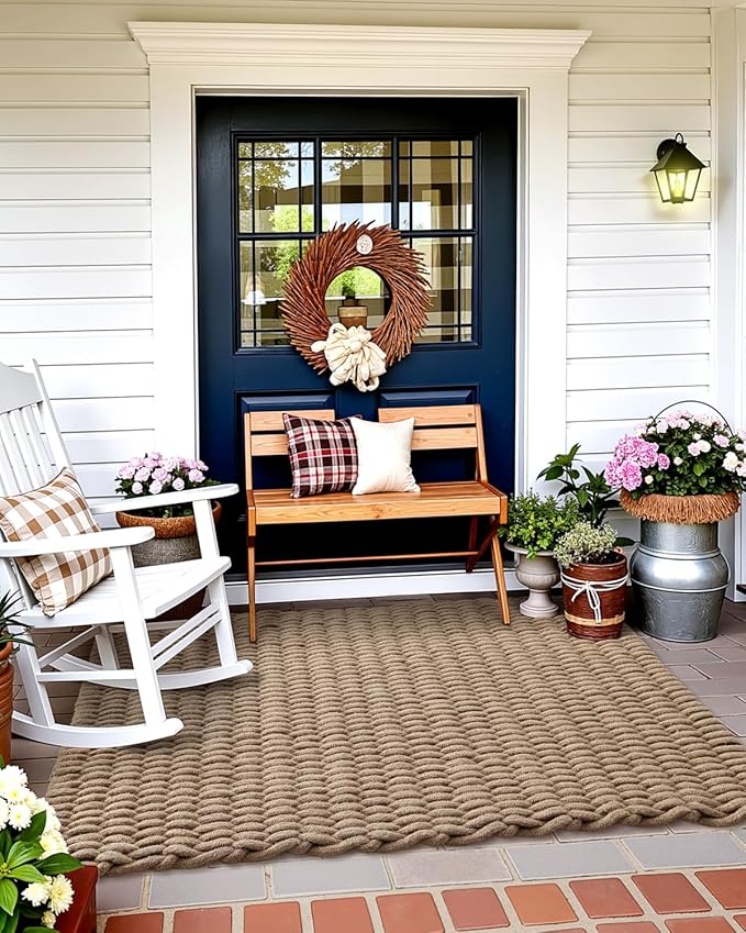 DEXI Jute Door Mat for Front Entryway, 31x47 Braided Woven Doormat Outside Entrance, Dirt Trapper Natural Fiber Entry Mats for Patio, Brown