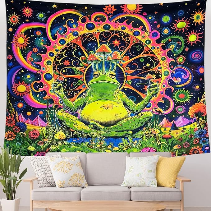 ARTCREATOR Blacklight Frog Mushroom Tapestry, Whimsical Hippie Wall Decor UV Reactive Tapestries Vintage Meditating Frog Tapestries for Living Room Bedroom (70" x 90")