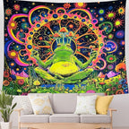 ARTCREATOR Blacklight Frog Mushroom Tapestry, Whimsical Hippie Wall Decor UV Reactive Tapestries Vintage Meditating Frog Tapestries for Living Room Bedroom (51" x 59")