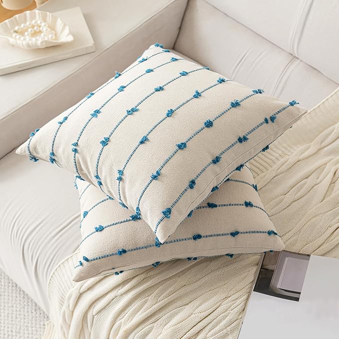 Boho Throw Pillow Covers 20x20 Set of 2 Modern Farmhouse Decorative Cushion Case Tufted Linen Square Pillows Cover Neutral Pillow Cases Accent Pillowcase for Sofa,Couch,Bed,Beige and Blue