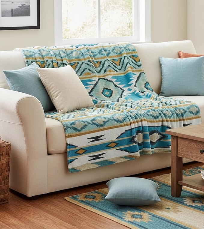 Aipon Boho Aztec Throw Blanket 60"x 80", Western Indian Native American Blanket Southwestern Decor, Teal Soft Cozy Lightweight Throws Blankets Gifts for Women Men Couch Bed Sofa Chair