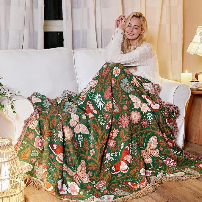 Boho Throw Blanket for Couch Sofa Chair Cotton Spring Blankets for Bedroom Living Room All Season Lightweight Reversible Butterflies Embroidery Throws 50"x60"