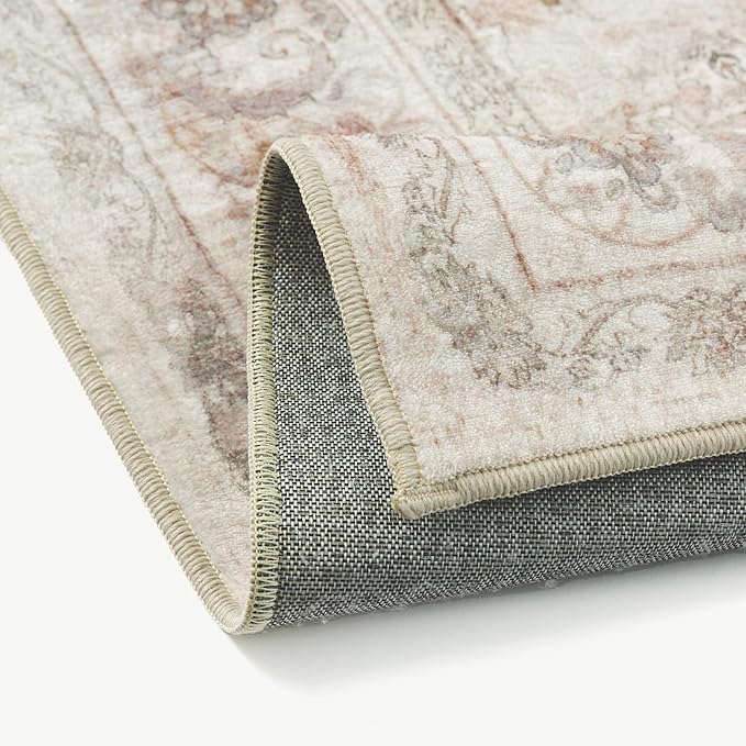 8x10 Area Rug Washable Living Room Vintage Beige Carpet Bedroom Large Indoor Non Slip Soft Low Pile Thin Stain Resistant Distressed Accent Throw Rug for Dining Office Nursery