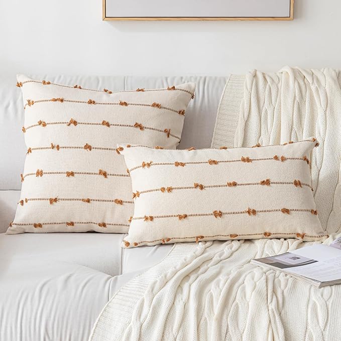 Boho Throw Pillow Covers 12x20 Set of 2 Modern Farmhouse Decorative Cushion Case Tufted Square Pillows Cover Neutral Pillow Cases Accent Pillowcase for Sofa,Couch,Bed,Beige and Brown