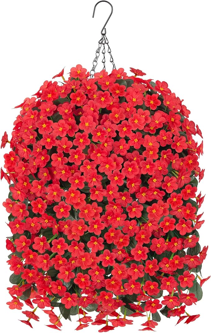 Artificial Hanging Flowers with Baskets for Decor, Fake Silk Red Hanging Daisy Orchid Flowers Plants, Faux Flower Centerpieces for Home Indoor Outdoor Garden Patio