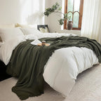 FOSSA Muslin Blanket with Fringe - 4-Layer 100% Cotton Gauze Super Soft & Breathable Throw -Lightweight Decorative Cooling Blanket for Bed, Sofa, Office -Oversize Queen Size 98" × 98" (Olive Green)