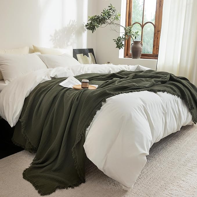 FOSSA Muslin Blanket with Fringe - 4-Layer 100% Cotton Gauze Super Soft & Breathable Throw -Lightweight Decorative Cooling Blanket for Bed, Sofa, Office (Olive Green, Queen (90" × 90"))