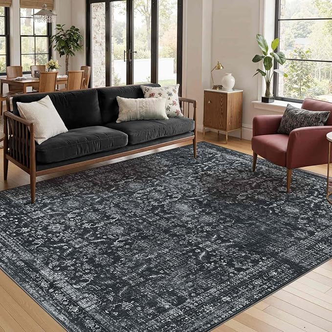4x6 Rug for Living Room Bedroom, Black Washable Throw Rugs, Vintage Retro Boho Area Rugs, Non Slip & Low Pile Accent Throw Carpet for Indoor Dining Room, Kids Room and Office(Black 4x6ft)