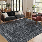 4x6 Rug for Living Room Bedroom, Black Washable Throw Rugs, Vintage Retro Boho Area Rugs, Non Slip & Low Pile Accent Throw Carpet for Indoor Dining Room, Kids Room and Office(Black 4x6ft)