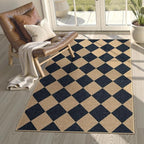 Lanffia Checkered Easy Jute Outdoor Rug, Black 3x5 Entryway Rugs for Living Room, Diamond Washable Indoor Outdoor Carpet, Neutral Non Slip Stain Resistant Front Door Carpet for Porch Patio