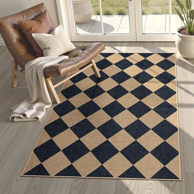 Lanffia Checkered Easy Jute Outdoor Rug, Black 3x5 Entryway Rugs for Living Room, Diamond Washable Indoor Outdoor Carpet, Neutral Non Slip Stain Resistant Front Door Carpet for Porch Patio