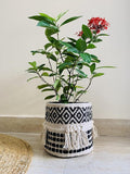 Boho Hand Woven Plant Basket Modern Woven Basket for 4-6.5" Flower Pot Floor Indoor Planters, Storage Organizer Rustic Home Decor, Black and White with Tassels 9” x 9"