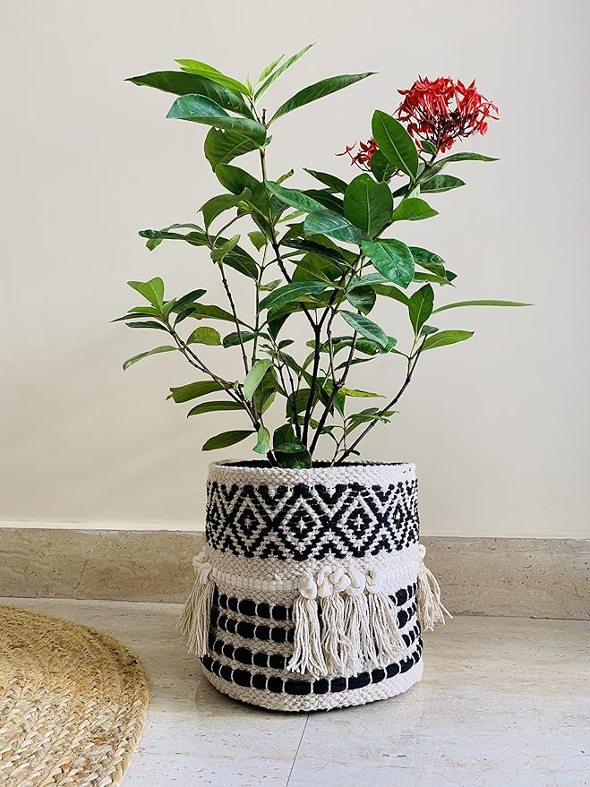 Boho Hand Woven Plant Basket Modern Woven Basket for 4-6.5" Flower Pot Floor Indoor Planters, Storage Organizer Rustic Home Decor, Black and White with Tassels 9” x 9"