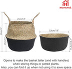 2Pcs Basket for Plant Artificial Trees, 13x11 Inch Seagrass Wicker Pots, Woven Planter Set Eco-Friendly Round Boho Holder Base with Handles for Home Decor Indoor Storage Solution, Black Bottom Pattern