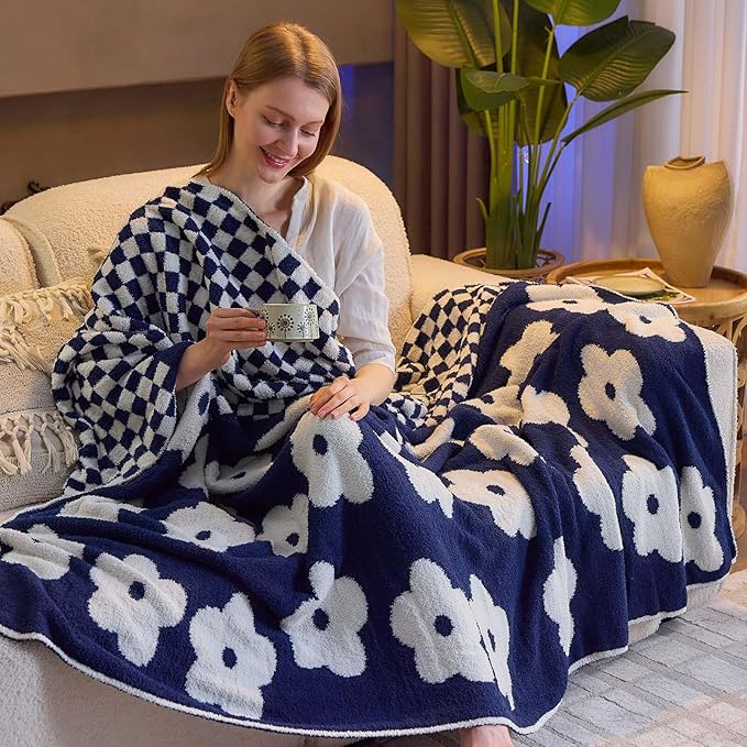 Checkered Throw Blanket, Navy Blue Flower Blanket for Couch, 60"x80" Soft Plaid Knit Blanket for Home Decor, Reversible Checkerered Blankets for Sofa, Chair, Bed