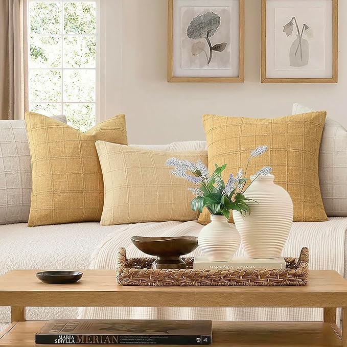 Foindtower Set of 2 Decorative Linen Check Throw Pillow Covers Neutral Farmhouse Vintage Cushion Covers Modern Boho Accent Home Decor for Sofa Chair Couch Bedroom Living Room,24×24 Inch,Amber Gold