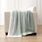Snuggle Sac Warm Throw Blanket for Couch, Fuzzy Microfiber Knit Stripe Blankets for Couch, Sofa, Travel, Green Cream, 50x60 inches