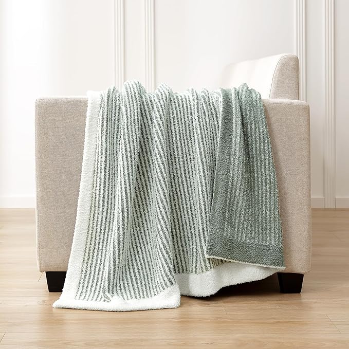 Snuggle Sac Warm Throw Blanket for Couch, Fuzzy Microfiber Knit Stripe Blankets for Couch, Sofa, Travel, Green Cream, 50x60 inches