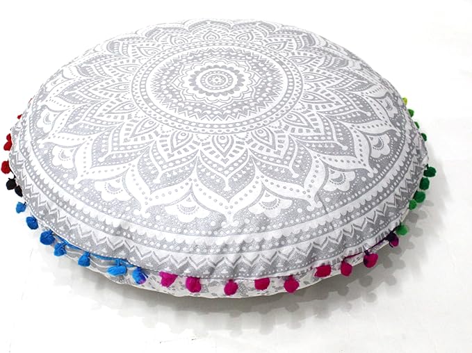 CRAFT KALA 32" Round Large Round Bohemian Floor Pillow Pouf Cover Mandala Meditation Room Pillow Cover for Adults Boho Seating Poufs Cushion Cover for Kids Playroom Silver Matellic Ombre