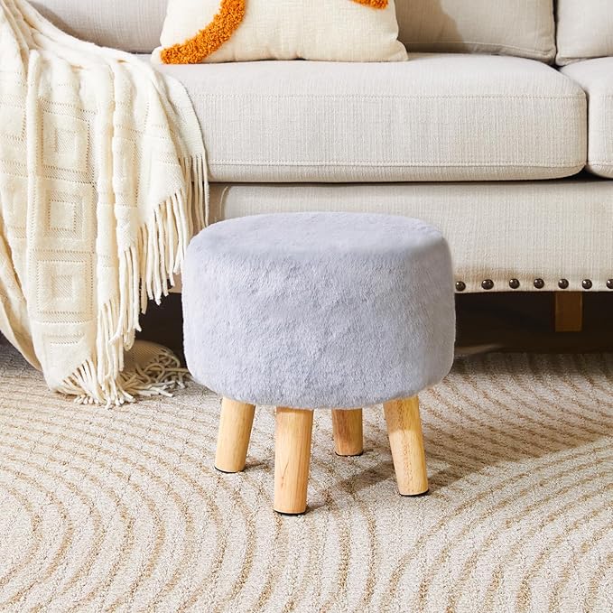 YMYNY Round Pouf Ottoman Small Foot Stool Faux Fur Foot Rest for Couch Modern Boho Footstools with Wood Legs for for Living Room Bedroom Office 12.6" D×12.6" W×12.6" H Grey UHBD035G