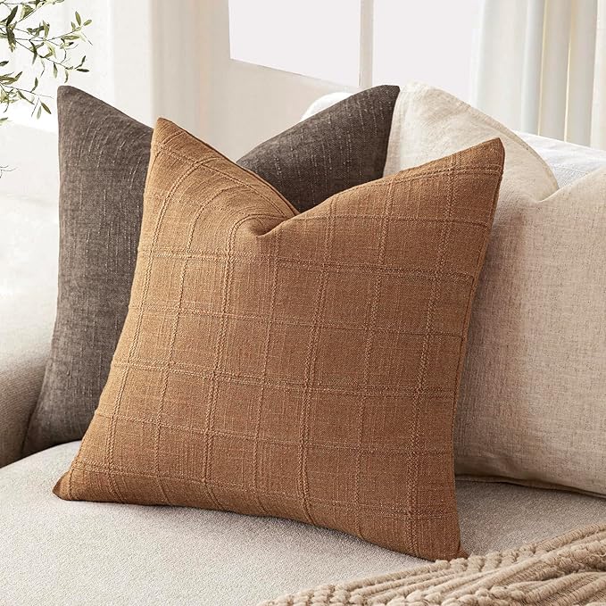 Foindtower Set of 2 Decorative Linen Check Throw Pillow Covers Neutral Farmhouse Vintage Cushion Covers Modern Boho Home Decor for Sofa Chair Couch Bedroom Living Room,18×18 Inch,Brick