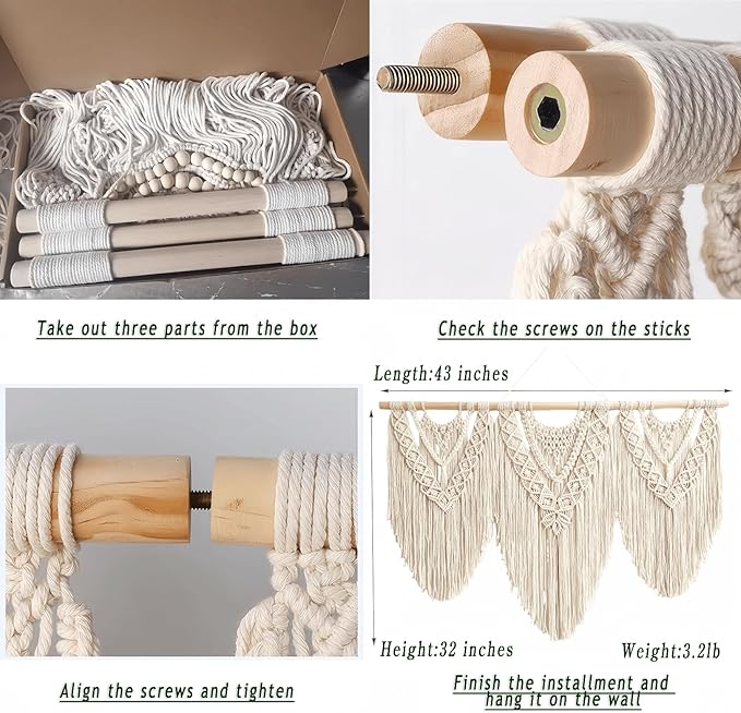oiikain Large Handmade Boho Macrame Wall Hanging Tapestry - Chic Bohemian Woven Home Decor art for Living Room, Bedroom, and Wedding Parties (BeigeF)