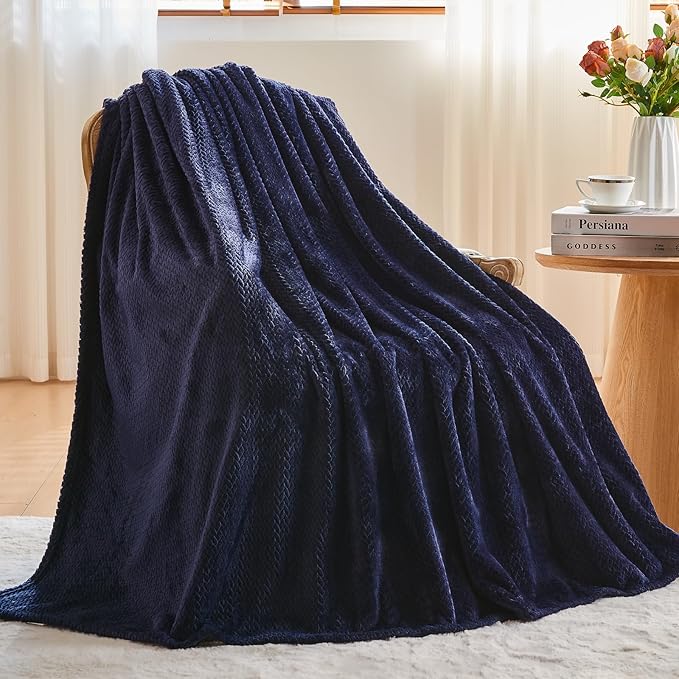 NEWCOSPLAY Super Soft King Blanket Dark Navy Premium Silky Flannel Fleece Leaves Pattern Lightweight Bed Blanket All Season Use (Dark Navy, King(90"x110"))