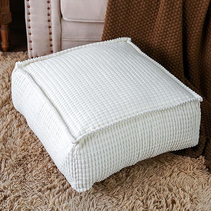 SUTAVIA Pouf Ottoman Cover Unstuffed Pouf Seat Decorative Soft Storage Bean Bag 20x20x8 Inches Square Floor Footrest for Living Room Bedroom (White, Square)