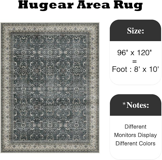 HUGEAR Area Rug 8x10 Vintage Black Machine Washable Living Room Rugs Distressed Retro Floral Vacuumable Low Pile Carpet Bedroom Office Dining Room Laundry Room Non Slip Soft Lightweight