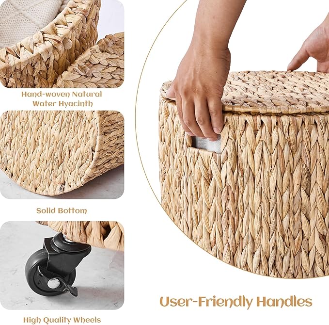 Wimarsbon 2Pcs Pouf Ottomans, Natural Seagrass Foot Stool, Hand Weaving Round Ottoman, Boho Decorative Seat, Jute Braided Pouffe Poof Accent Sitting Footrest (Storage Natural Water Hyacinth)