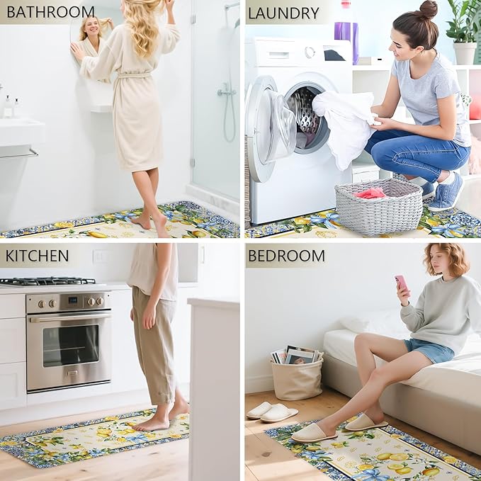 Rugs for Kitchen Floor, Lemon Anti Fatigue Mats for Kitchen Floor Non Slip, 2PCS Wipeable Rubber Kitchen Mat, Washable Cushioned Lemons Runner Carpet Rug for Sink Laundry 15.7"×27.5" +15.7"×47"