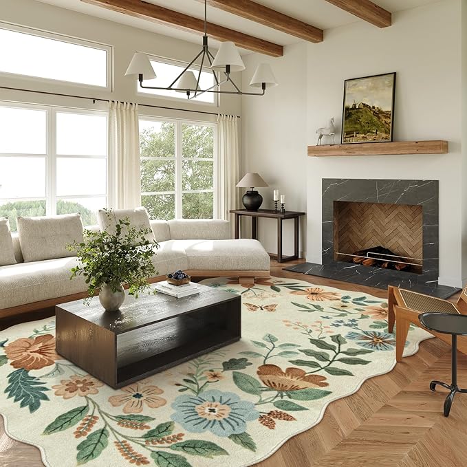 Lahome Floral 9x12 Area Rugs for Living Room Bedroom, Soft Washable Rugs 9x12 Stain Resistant, Ultra-Thin Non-Slip Boho Dining Room Rug Accent Carpet for Office Flore (9x12ft,Beige)