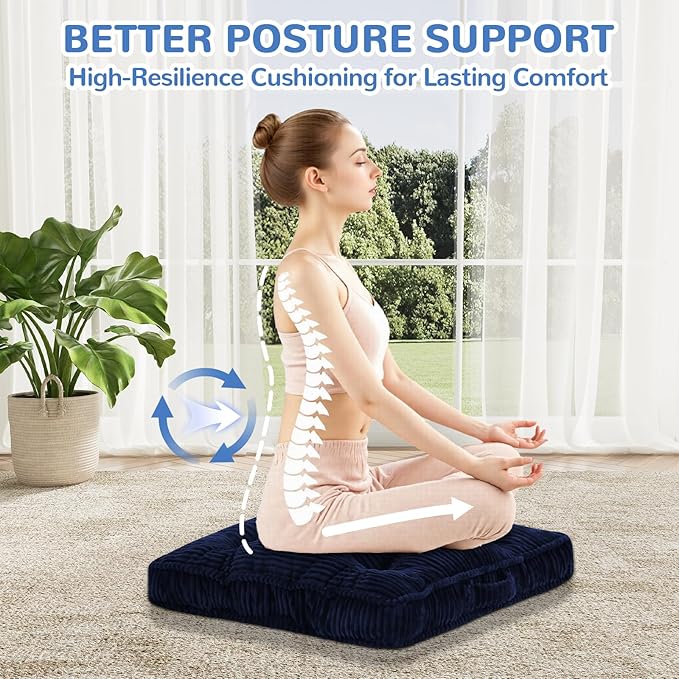 Square Floor Pillow for Adults, Tufted 24x24 Floor Cushion for Sitting, Large Meditation Cushion, Thick Corduroy Seat with Handle, Tatami Seating for Yoga, Navy Blue, 1Pack