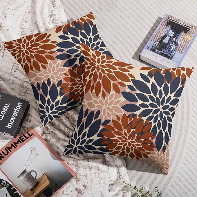 Navy Blue Burnt Orange Pink Pillow Covers 22X22 Inch Set of 2, Modern Dahlia Floral Print Decorative Throw Pillow Covers Outdoor Farmhouse Cushion Case for Home Couch Sofa Bed Decoration