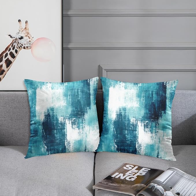 Britimes Throw Pillow Covers Modern Home Art Decor, 18 x 18 Inches Set of 2 Abstract Oil Painting Pillowcases for Bedroom, Living Room, Cushion Couch Sofa, Abstract White Teal