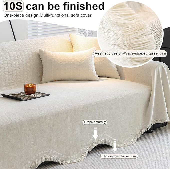ROOMLIFE Boho White Couch Cover for Dogs, Washable Non Slip Furniture Protector Couch Sofa Covers for 3 Cushion Couch, Soft Chenille Couch Cover Throw Blanket with Tassels 71''X150''