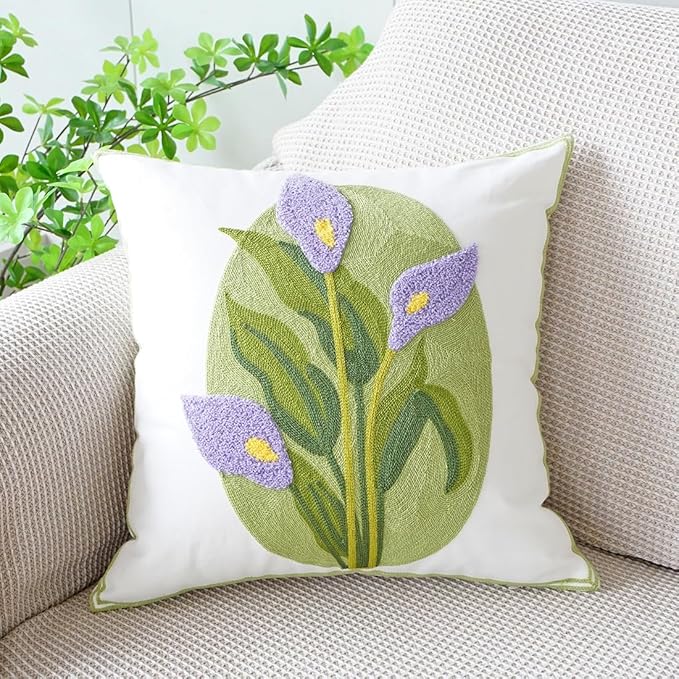 vctops Farmhouse Calla Lily Cotton Tufted Throw Pillow Cover Spring Floral Embroidery Pillowcase Soft Square Cushion Case for Sofa Couch Bed Chair (Purple C,18"x18")