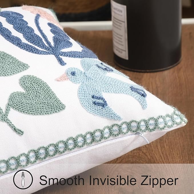 Tosleo Embroidered Pillow Covers 12x20 Set of 2 Green Leaves with Birds Floral Tufted Pillowcases Spring Summer Decorative Coastal Pillow Cushion Cases Lumbar Navy Blue Flower Pillow Case