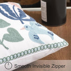 Tosleo Embroidered Pillow Covers 12x20 Set of 2 Green Leaves with Birds Floral Tufted Pillowcases Spring Summer Decorative Coastal Pillow Cushion Cases Lumbar Navy Blue Flower Pillow Case