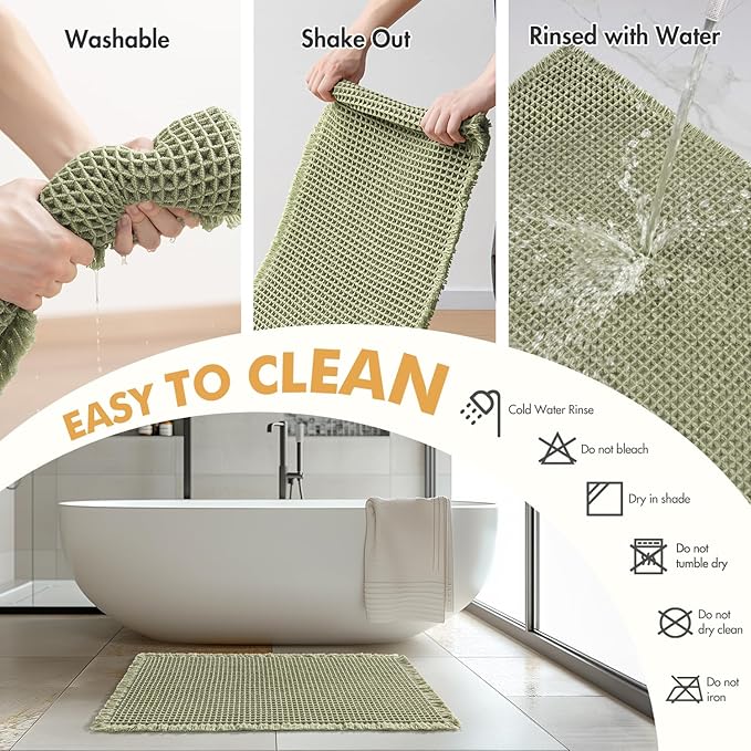 MIULEE Set of 2 Waffle Bathroom Rugs, Boho Bath Rugs Non Slip Washable, Super Absorbent Bath Mats, Ultra Soft Rubber Backed Shower Mats for Bathroom Floor, Tub and Shower, Sage Green, 17x24 Inch