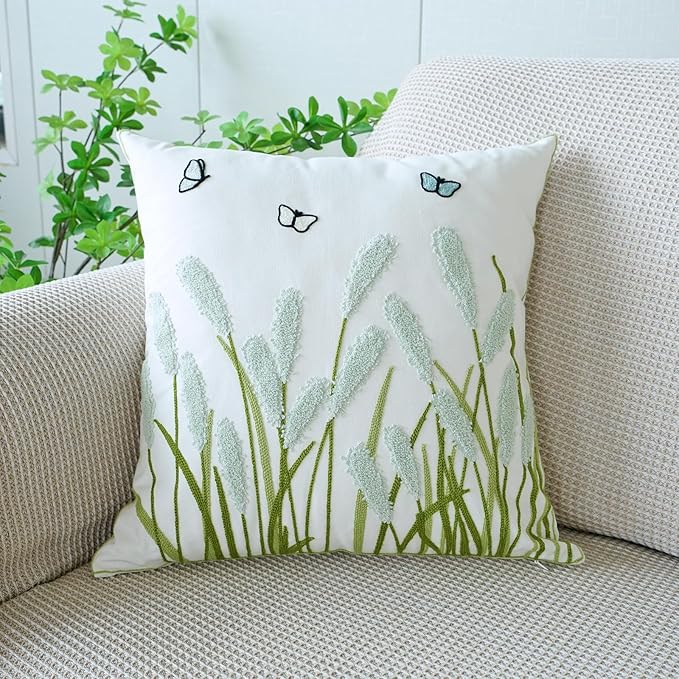vctops Farmhouse Pampas Grass Cotton Tufted Throw Pillow Cover Boho Embroidery Pillowcase Soft Square Cushion Case for Sofa Couch Bed Chair (Light Green,18"x18")