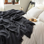 FOSSA Muslin Blanket with Fringe - 4-Layer 100% Cotton Gauze Super Soft & Breathable Throw -Lightweight Decorative Cooling Blanket for Bed, Sofa, Office (Dark Gray, Queen (90" × 90"))