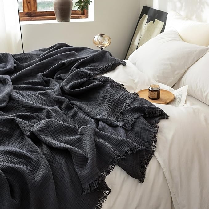 FOSSA Muslin Blanket with Fringe - 4-Layer 100% Cotton Gauze Super Soft & Breathable Throw -Lightweight Decorative Cooling Blanket for Bed, Sofa, Office (Dark Gray, Throw (60" × 50"))