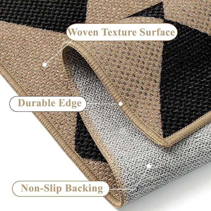 3x5 Checkered Easy Jute Outdoor Patio Rug Washable Area Rugs for Living Room Entryway Diamond Indoor Outdoor Mat Farmhouse Neutral Non Slip Black Door Carpet for Backyard Bedroom