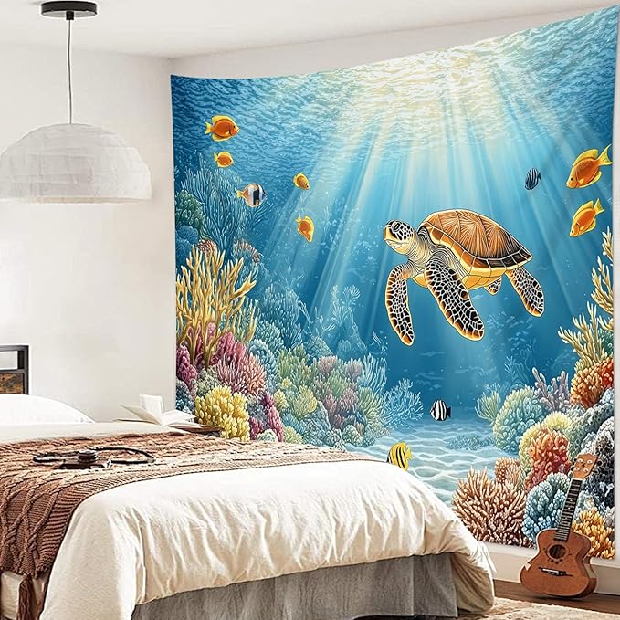 HVEST Blue Ocean Sea Turtle Tapestry Coastal Under the Sea Tropical Fish Coral Wall Tapestry for Bedroom Underwater World Sea Life Tapestries Wall Art Decor for Living Room Dorm, 40L x 60W Inches