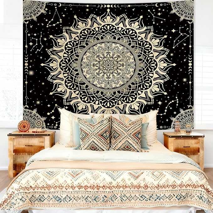 Apdidl Boho Black Mandala Tapestry for Bedroom Aesthetic, Hippie Decor Space Astrology Wall Art Ceiling Tapestries, Vintage Bohemian Indian Golden Blanket Wall Hangings for Living Room 60" X 79"
