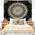 Apdidl Boho Black Mandala Tapestry for Bedroom Aesthetic, Hippie Decor Space Astrology Wall Art Ceiling Tapestries, Vintage Bohemian Indian Golden Blanket Wall Hangings for Living Room 71" X 90"